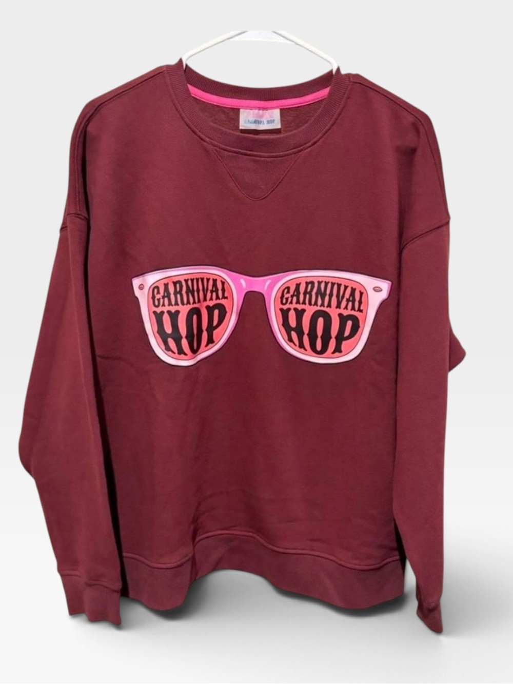 Terez Burgundy Crewneck Sweatshirt with Pink Sunglasses Graphic